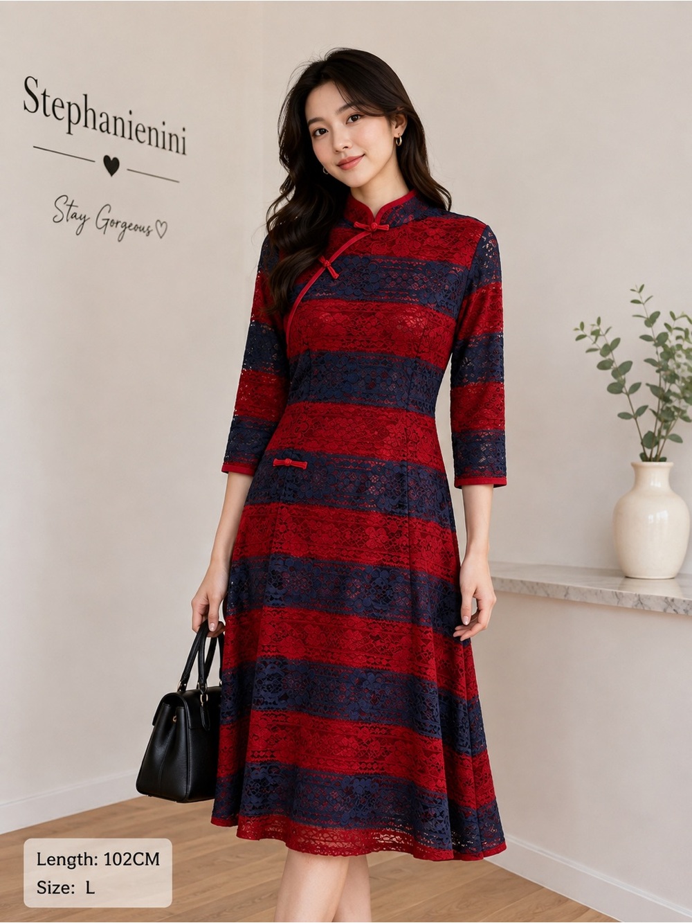 Women’s Red & Navy Lace Chinese Qipao Cheongsam Midi Dress Size L